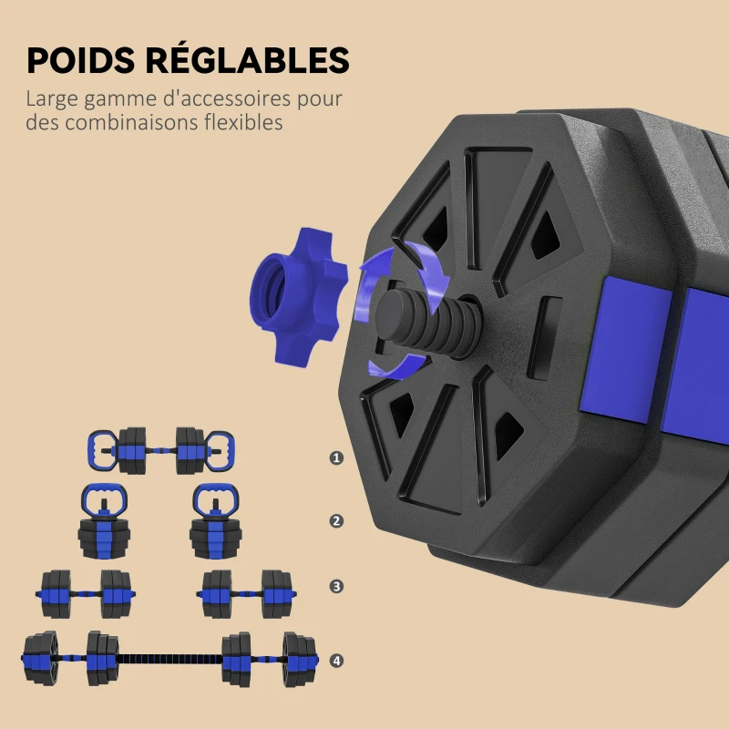 SPORTNOW Ensemble d'haltères musculation 4 en 1 haltère réglable 25 kg kettlebell, barre de musculation support pour pompes bleu
