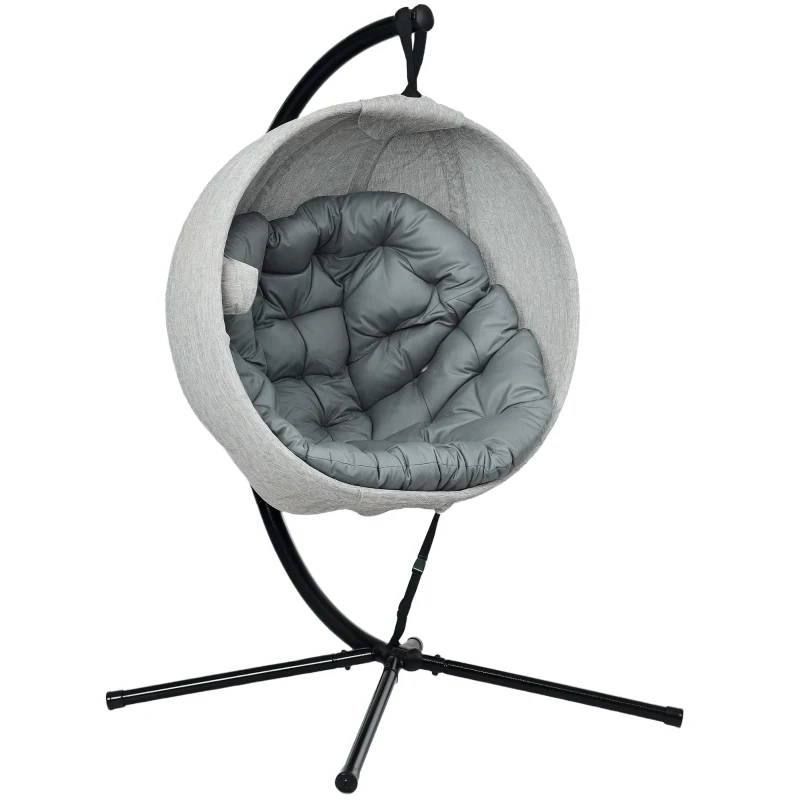 Outsunny Hanging Egg Chair Outdoor Indoor Garden Swing Chair with Folding Basket, Thickened Cushion, Cup Holder for Patio, Balcony, Grey