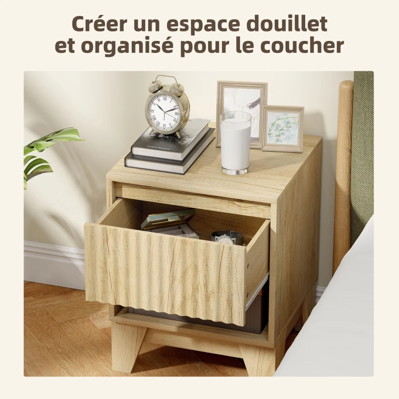 HOMCOM Lot de 2 tables de chevet étroite, table d'appoint compartiment ouvert 1 tiroir, panneaux cannelés 43x40x55cm naturel