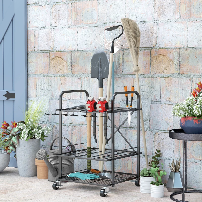 Outsunny Organisateur d'outils de jardin, support à outils de jardin 40 compartiments à 2 niveaux avec roues 57 x 48 x 70 cm noir