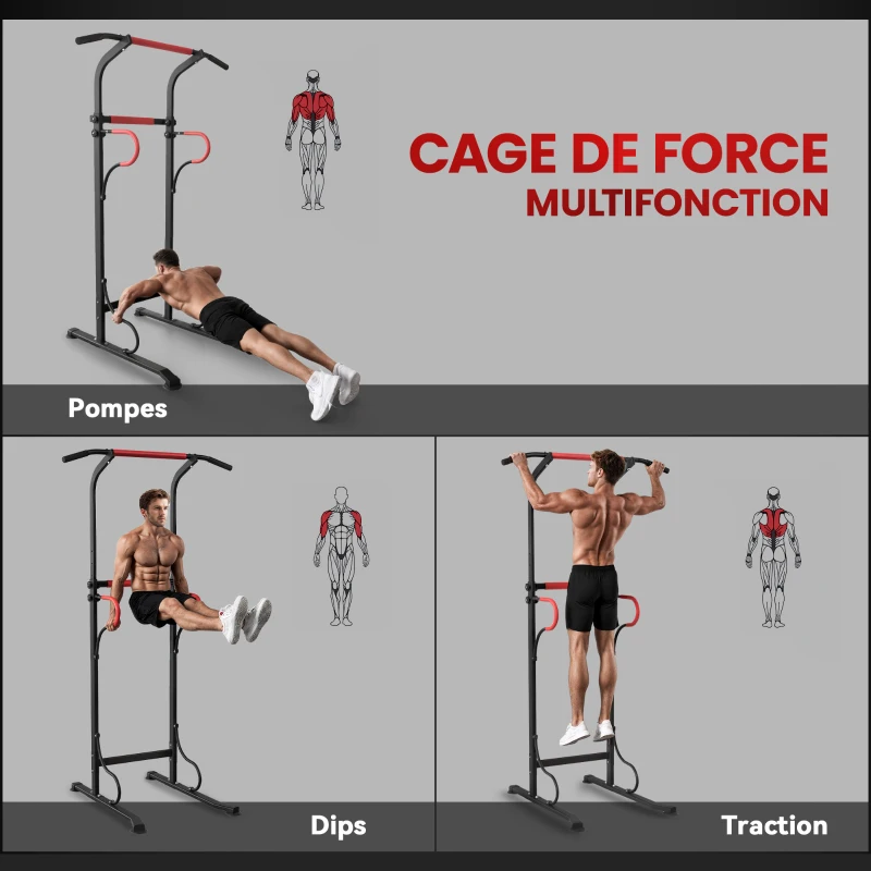 HOMCOM Station de musculation multifonctions barre de traction chaise romaine hauteur réglable acier noir rouge(m-4)