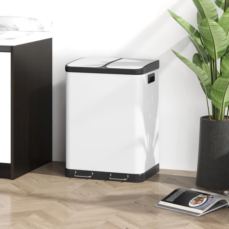 HOMCOM Poubelle de cuisine 2 x 30L avec pédale en acier inoxydable, 2 compartiments, couvercle à fermeture douce, 60L, blanc