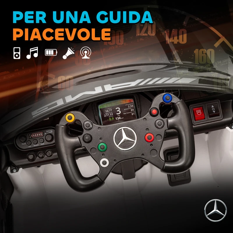 AIYAPLAY Auto Elettrica Bambini 3-8 Anni Mercedes-AMG 12V con Telecomando, Luci LED, Rotelle di Trasporto, Bianco