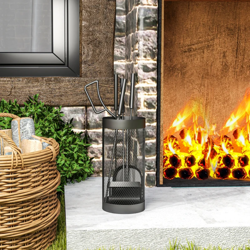 Outsunny Ensemble serviteur de cheminée, serviteur de cheminée à 5 pièces, balai pelle pince tisonnier et seau, métal, noir