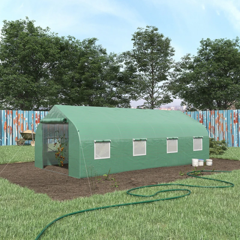 Outsunny Serre tunnel de jardin porte + 8 fenêtres enroulables métal galvanisé bâche PE haute densité métal galvanisé vert