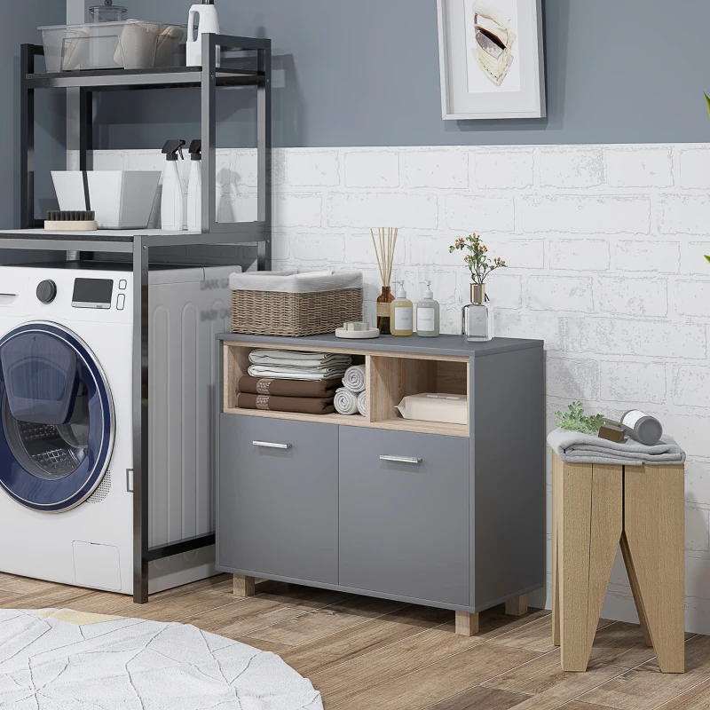 HOMCOM Meuble salle de bain rangement, meuble de rangement style moderne avec compartiments ouverts et portes doubles