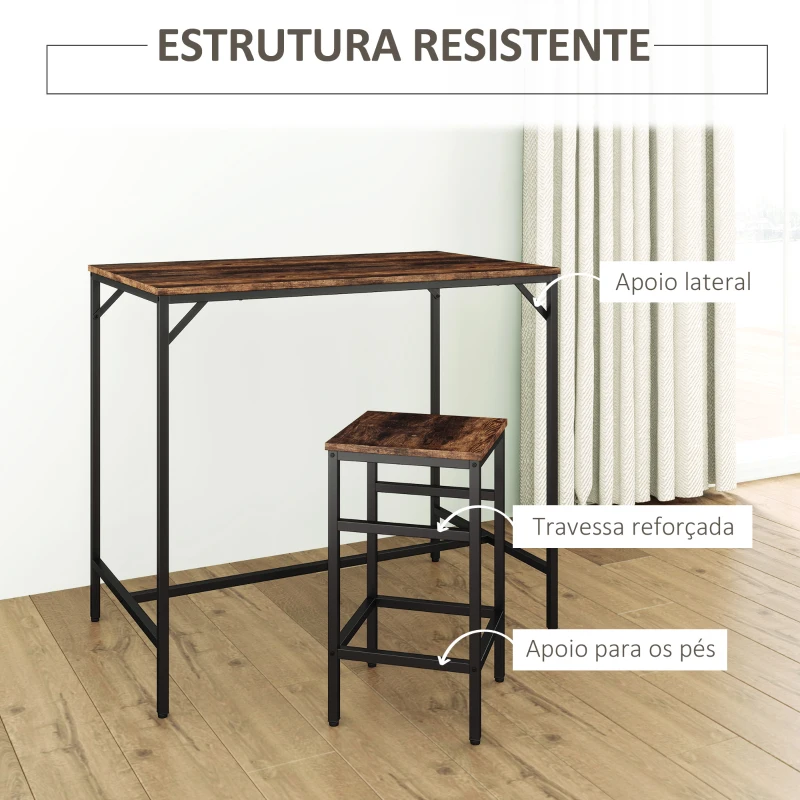 HOMCOM Conjunto de Mesa de Bar com 4 Bancos com Apoio para os Pés Mesa de 100x60x88cm e Bancos de 32x32x57cm Preto e Nogueira