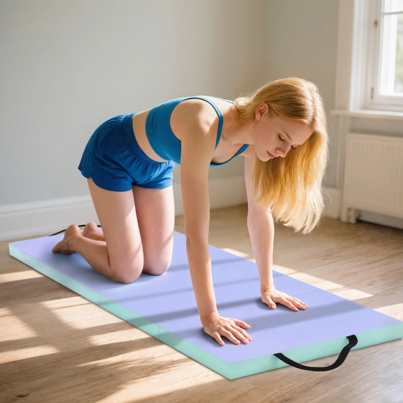 SPORTNOW Tapis de gymnastique pliable portable, tapis de sport épais en 4 parties avec poignées, 180 x 60 x 5 cm, vert et violet