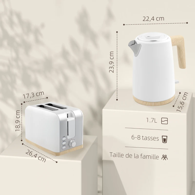 HOMCOM Ensemble bouilloire et grille-pain, 1,7L, 2200W, grille-pain 2 tranches avec 7 niveaux de brunissage, blanc