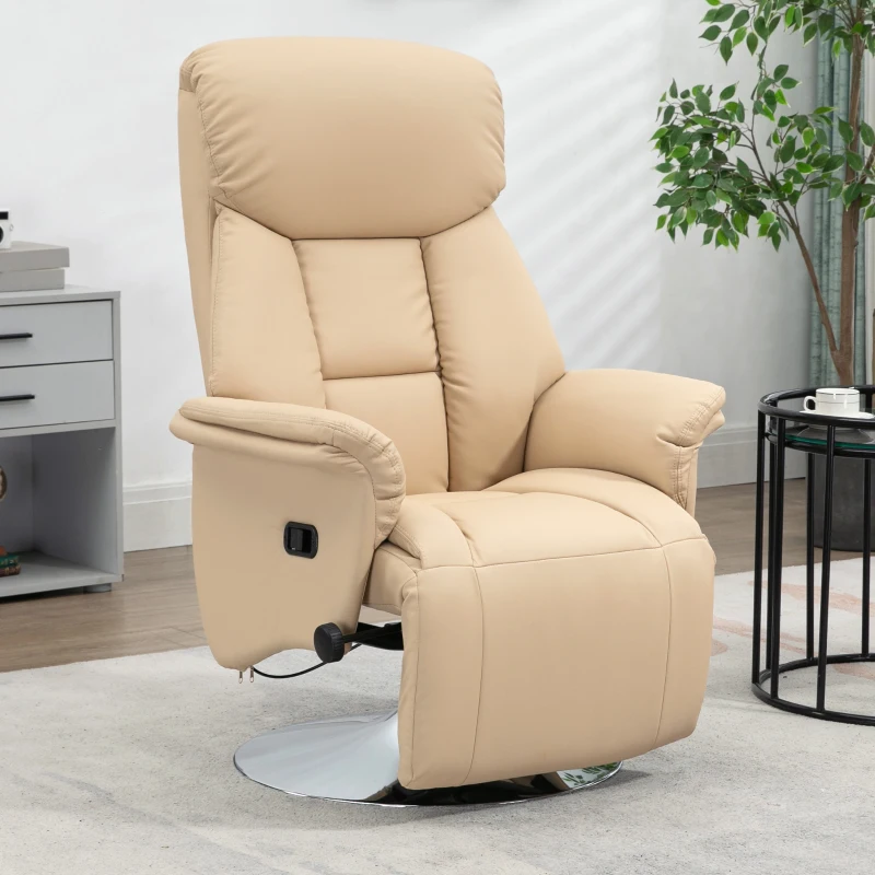 HOMCOM Fauteuil inclinable pivotant repose-pied réglable accoudoirs piètement acier chromé revêtement synthétique PU beige