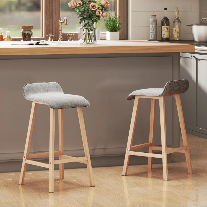 HOMCOM Tabourets de Bar Style scandinave - Lot de 2 tabourets de Bar avec Repose-Pieds - Bois de Sapin Tissu Polyester Aspect Lin Gris(m-10)
