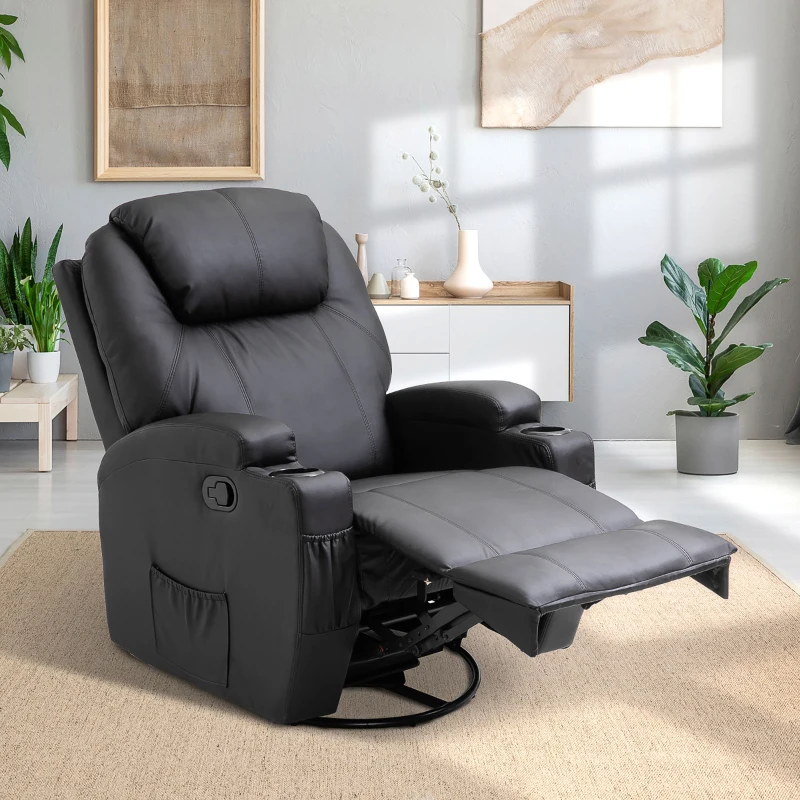 HOMCOM Fauteuil de massage inclinable, bascule et pivotant à 360°, fauteuil de relaxation, dossier et repose-pieds réglable manuellement, télécommande, porte-gobelets et poches latérales, noir