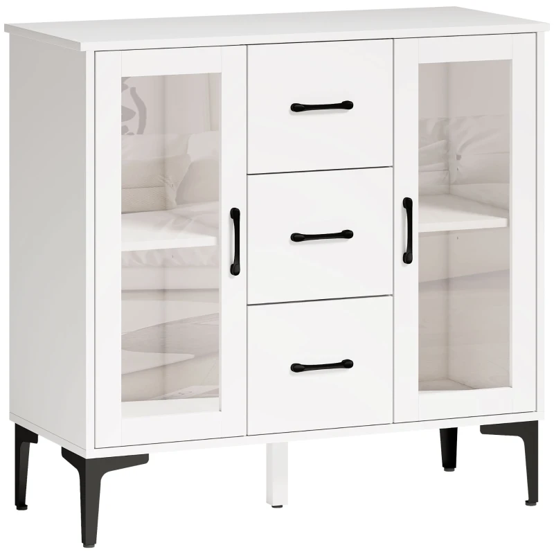 HOMCOM Modern sideboard met soft-close deuren, buffetkast met 3 lades, 2 glazen deuren, verstelbare planken, MDF, wit