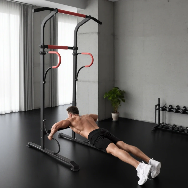 HOMCOM Station de musculation multifonctions barre de traction chaise romaine hauteur réglable acier noir rouge(m-8)
