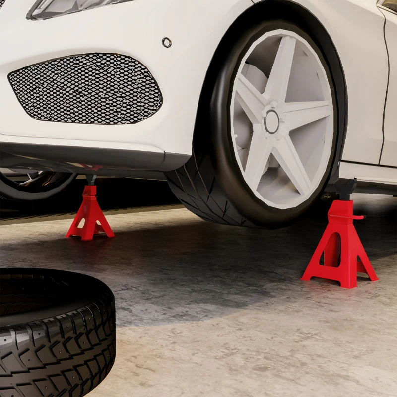 HOMCOM Lot de 2 chandelles voiture capacité 3 tonnes, hauteur réglable de 290 à 425 mm, goupille de sécurité, rouge