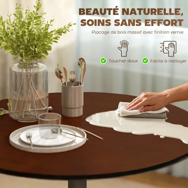 HOMCOM Table à manger ronde 70 cm pour 2 personnes avec plateau en placage de bois massif et piétement en acier marron