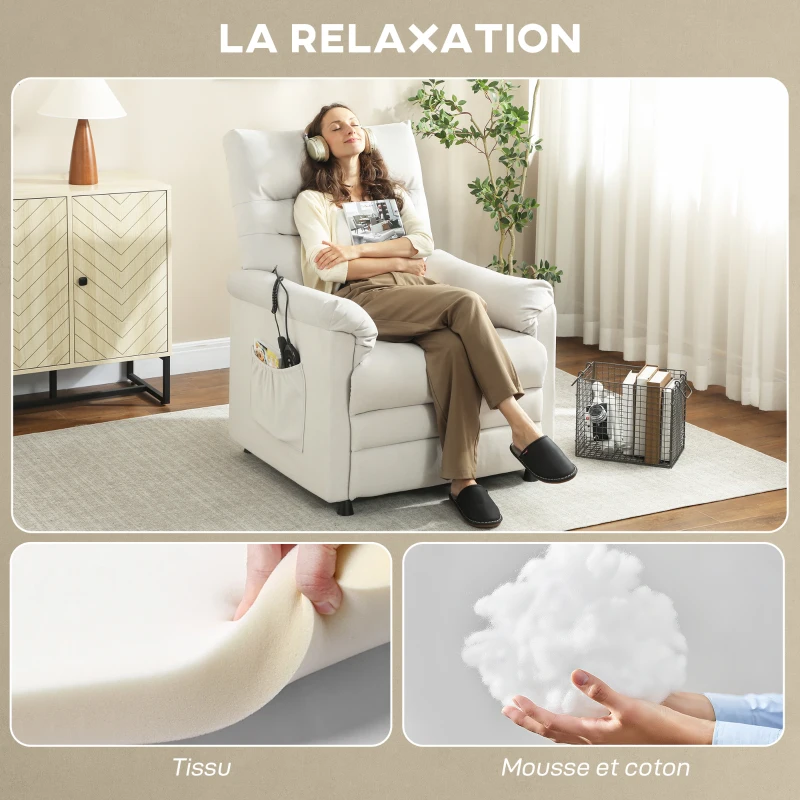 HOMCOM Fauteuil relax électrique massant et chauffant, fauteuil inclinable, repose-pieds, moteur silencieux, 82x99x106cm, crème