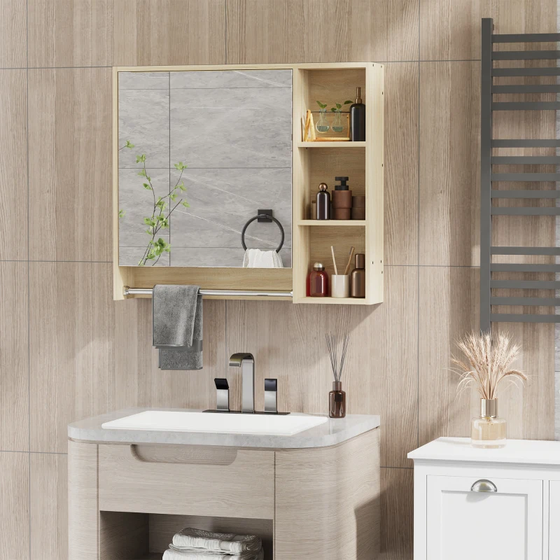 kleankin Meuble salle de bain avec miroir, armoire murale avec porte-serviettes, 3 niches, placard et étagère réglable, naturel