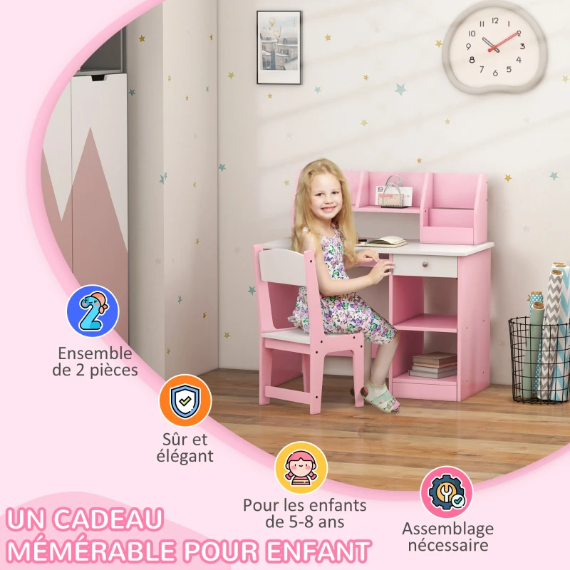 ZONEKIZ Bureau enfant avec chaise ergonomique avec clavier coulissant tiroir niches et étagères ouvertes 90 x 45 x 90 cm rose