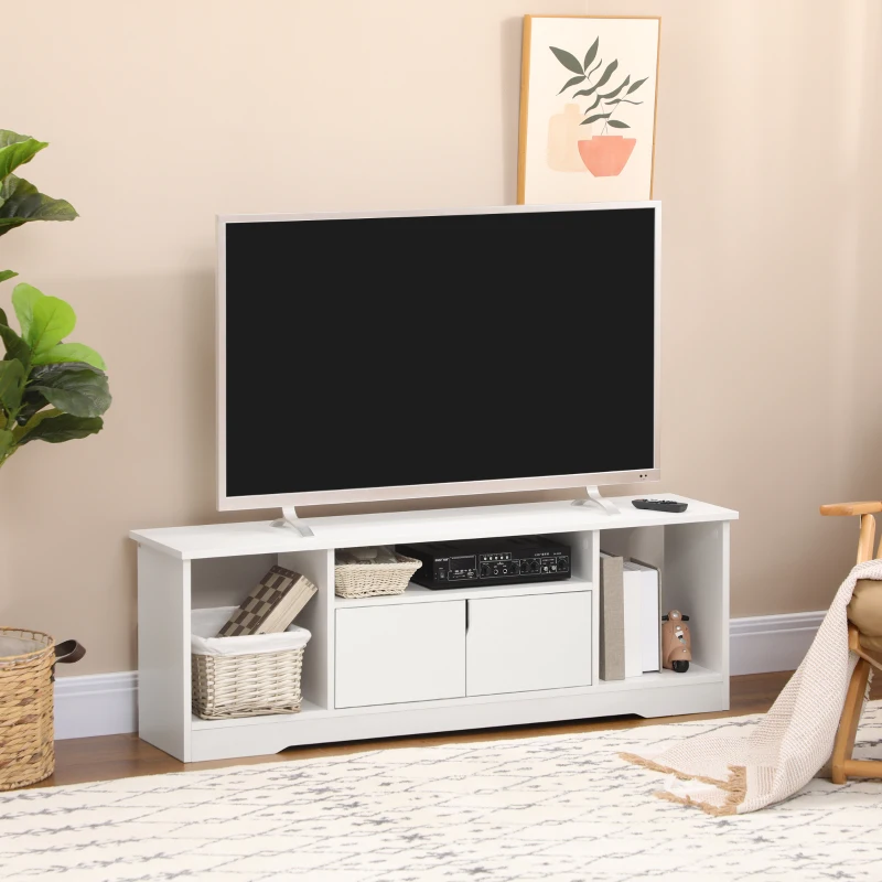 HOMCOM Meuble TV Banc TV Design Contemporain - 3 niches, Placard Double Porte - dim. 120L x 30l x 41H cm - Panneaux Particules Blanc