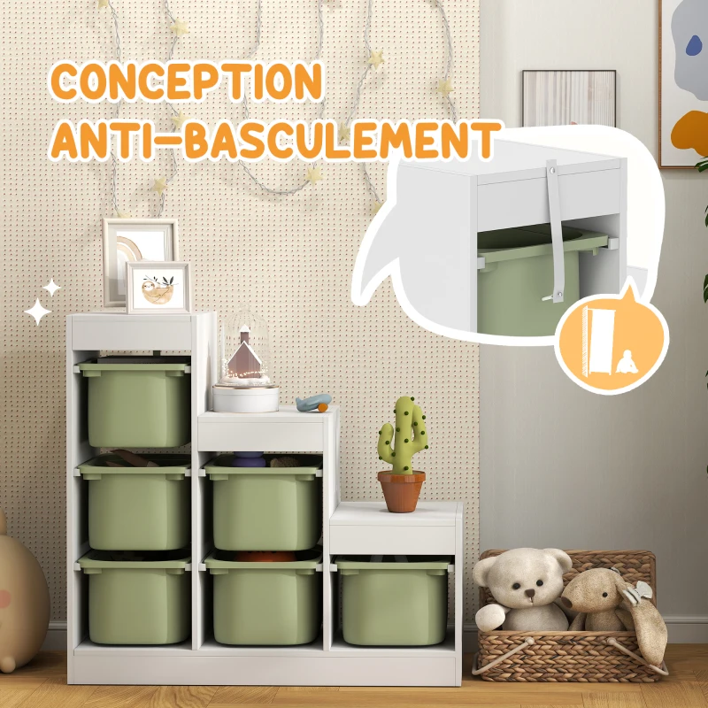 AIYAPLAY Meuble de rangement pour jouets des enfants avec 6 bacs amovibles, 3 niveaux de rangement, 96 x 38,5 x 90, vert