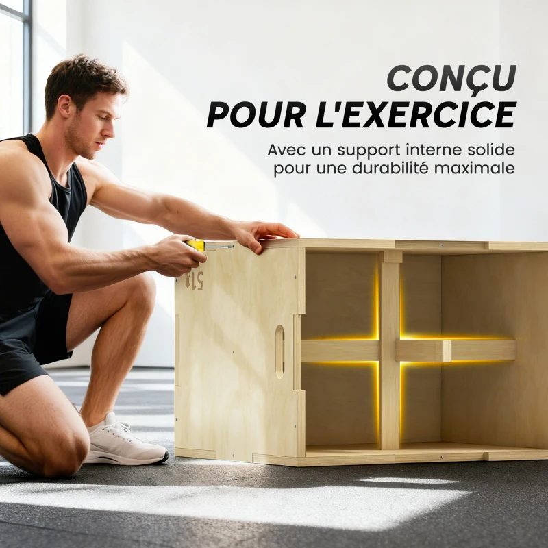 HOMCOM Box Jump pliométrie 3 en 1 appareil musculation fitness entraînement croisé plyobox pour box training 51/61/76cm en bois
