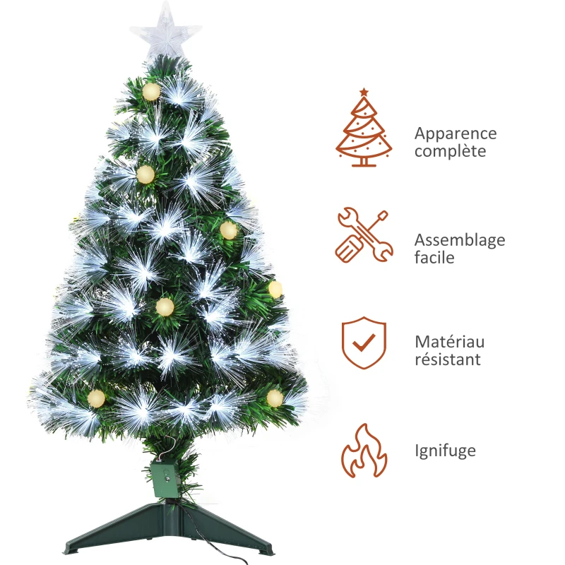 HOMCOM Sapin de Noël Artificiel Lumineux 90H cm Fibre Optique LED + 14 Ampoules + Support Pied 90 Branches étoile Sommet Brillante Vert