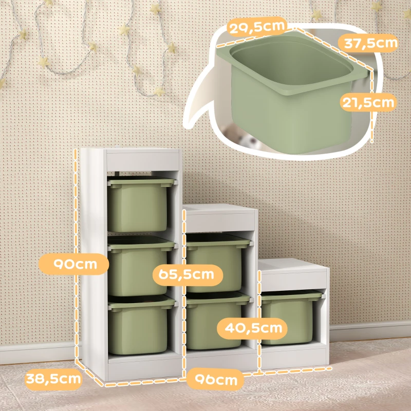 AIYAPLAY Meuble de rangement pour jouets des enfants avec 6 bacs amovibles, 3 niveaux de rangement, 96 x 38,5 x 90, vert