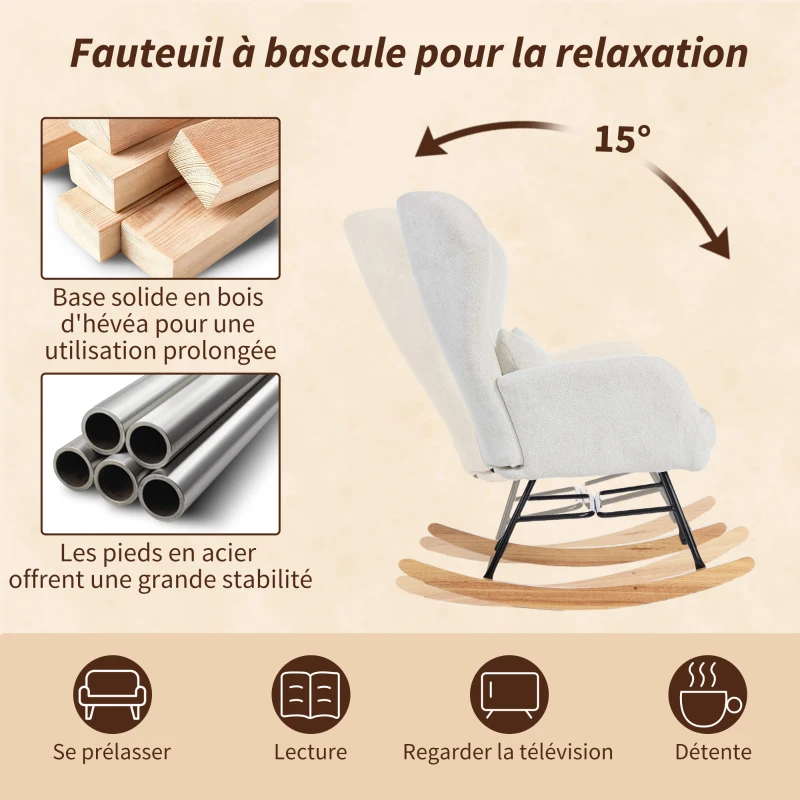 HOMCOM Fauteuil à bascule, rocking chair avec coussin, assise rembourré, dossier haut, 67 x 88 x 104 cm, blanc
