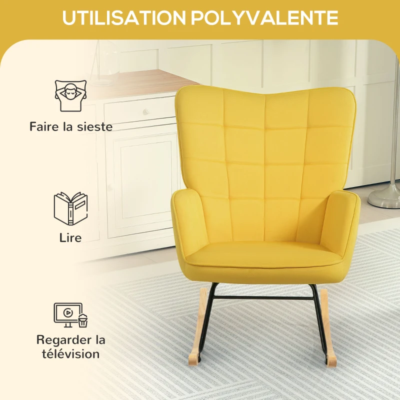 HOMCOM Fauteuil à bascule rocking chair revêtement en velours structure en acier 71 x 98 x 101 cm jaune