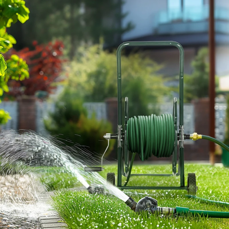 Outsunny Dévidoir de tuyau d'arrosage sur roues 30 m de tuyau de Ø 16mm dévidoir chariot enrouleur métal vert