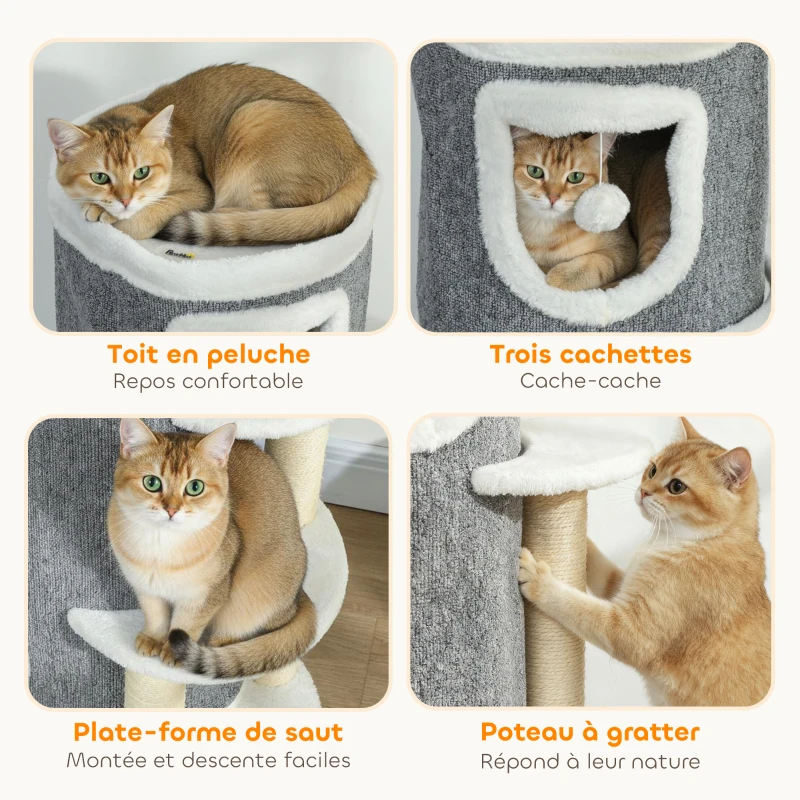 PawHut Tour pour chat à 4 niveaux arbre à chat stable avec griffoirs en sisal et bord en peluche 2 plateformes 50x36x101cm gris
