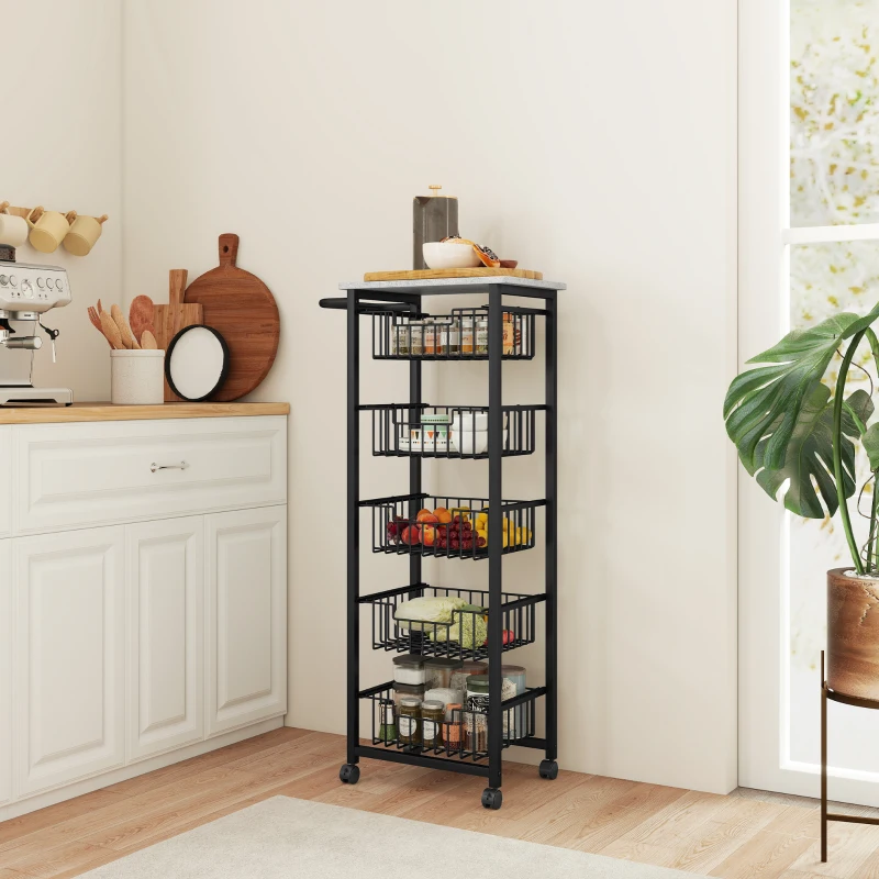 HOMCOM Five Basket Mobile Kitchen Island, with Brakes - Grey/Black