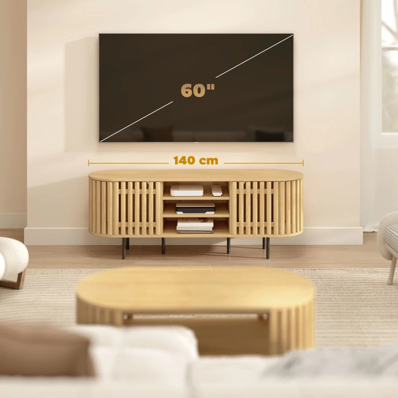 HOMCOM TV stand, TV cabinet for 152.4 cm TV, 2 slatted doors, push-to-open, 140x40x52cm, natural wood