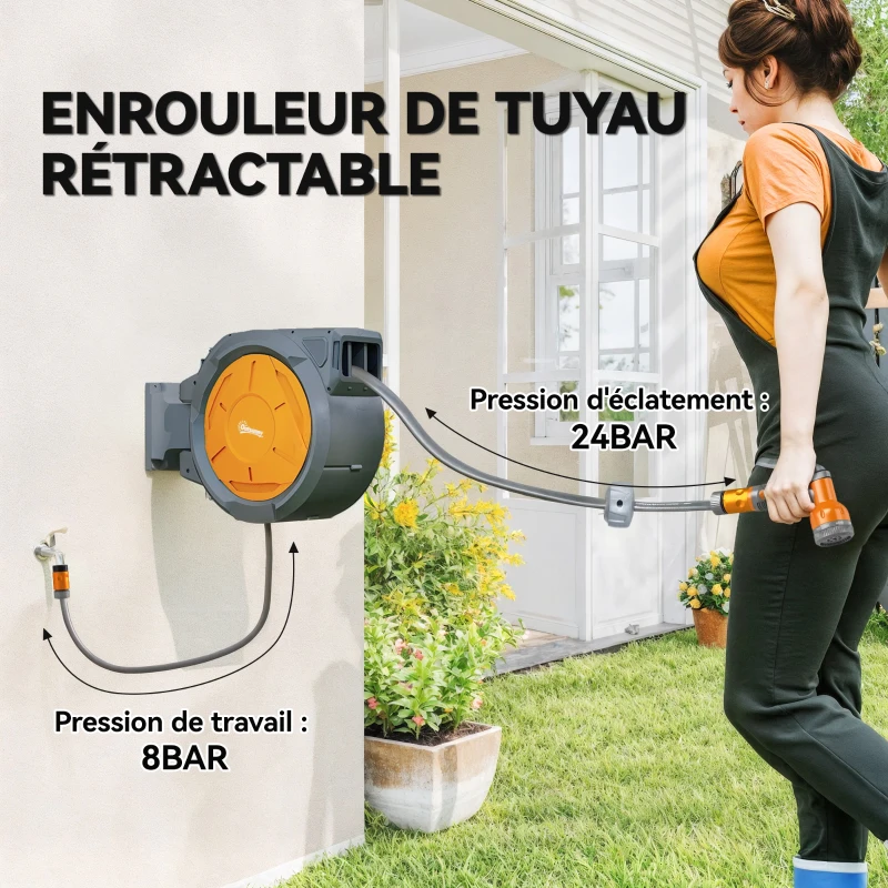 Outsunny Enrouleur tuyau arrosage dévidoir de tuyaux d'eau 30+2 m support mural + poignée pivotant à 180° 59 x 23 x 42 cm gris