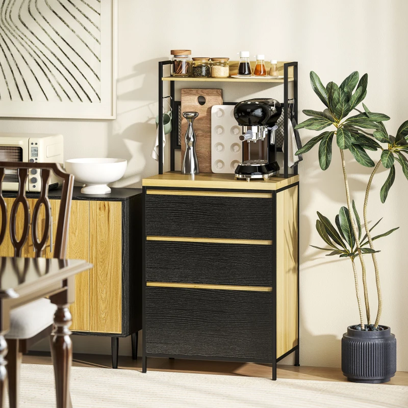 HOMCOM Armoire de cuisine style industriel avec 3 tiroirs, plan de travail, étagère et 4 crochets, 60x40x132cm