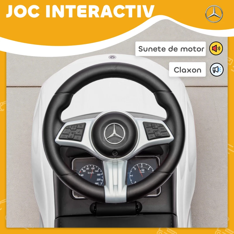 Mașinuță Electrică AIYAPLAY pentru Copii Licență Mercedes Benz cu Claxon și Spațiu de Depozitare, 65x28x39 cm, Alb