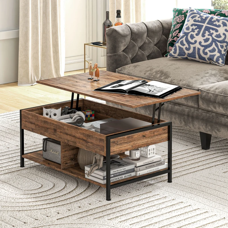 HOMCOM Table basse relevable table de salon compartiment caché 2 étagères inférieures 100 x 80 x 60 cm marron rustique noir