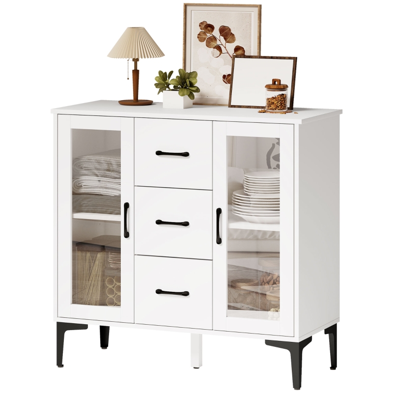 HOMCOM Buffet moderne avec portes à fermeture douce, armoire-buffet avec 3 tiroirs, 2 portes vitrées, étagères réglables, MDF, blanc