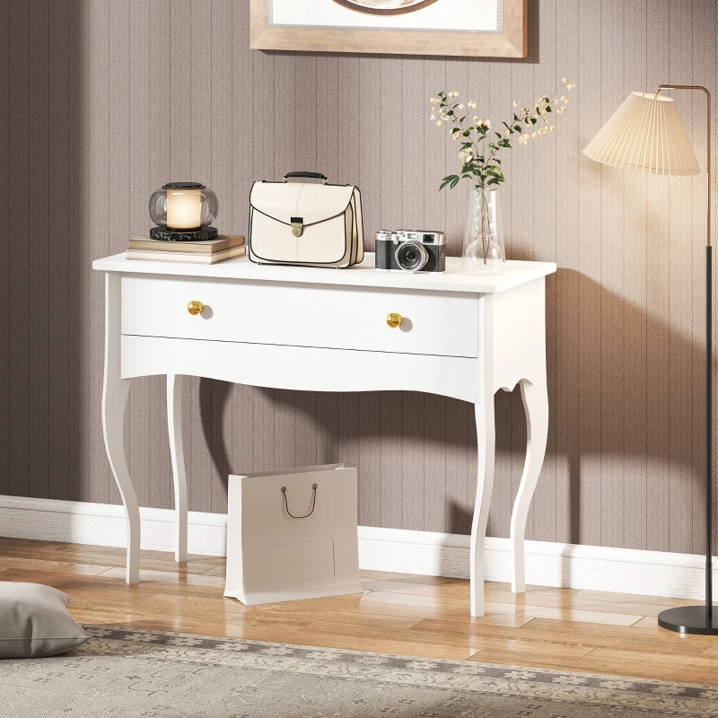 HOMCOM Coiffeuse avec grand tiroir et pieds cabriole, bureau coiffeuse pour chambre à coucher, 100 x 40 x 74 cm, blanc