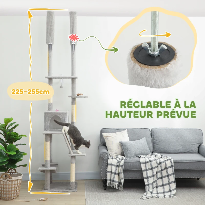 PawHut Arbre à chat du sol au plafond griffoir pour chat hauteur réglable 225-255 cm 6 niveaux avec niche hamac gris clair