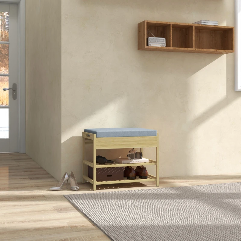 HOMCOM Banc meuble à chaussures pour entrée avec 2 étagères à lattes en bambou et 1 tiroir 55 x 35 x 46 cm naturel