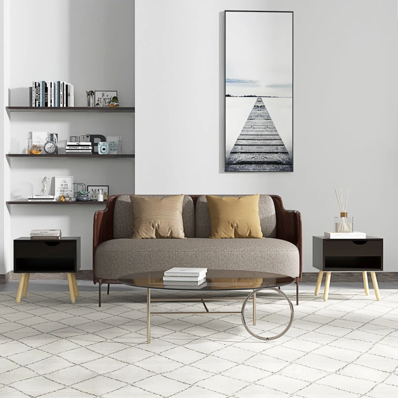 HOMCOM Lot de 2 tables de chevet tables de nuit avec tiroirs pieds en bois massif moderne 50 x 39 x 51 cm noir et bois naturel