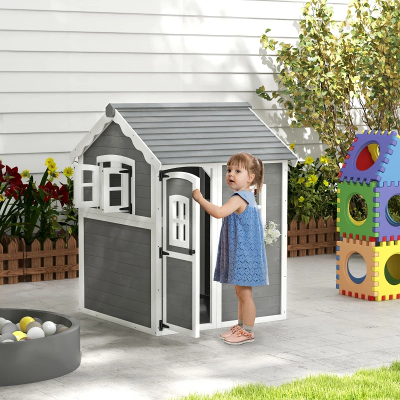 Outsunny Cabane enfant extérieur, maison enfant extérieure, avec porte, fenêtres, bac à plantes, plancher - en bois gris