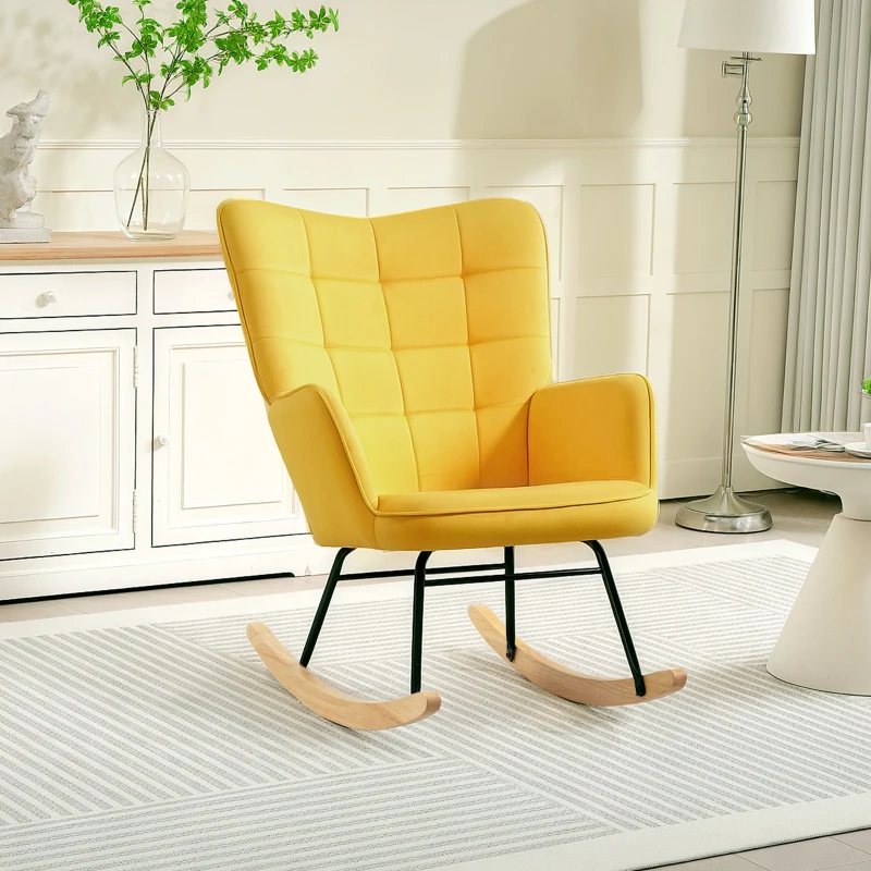 HOMCOM Fauteuil à bascule rocking chair revêtement en velours structure en acier 71 x 98 x 101 cm jaune