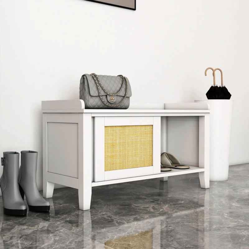 HOMCOM Banc à chaussures meuble de rangement avec porte coulissante et façades rotin tissé 80 x 35 x 45 cm blanc