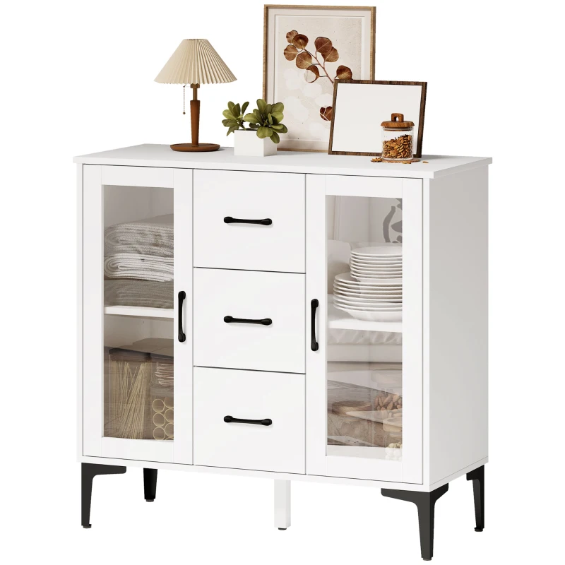 HOMCOM Modern sideboard met soft-close deuren, buffetkast met 3 lades, 2 glazen deuren, verstelbare planken, MDF, wit