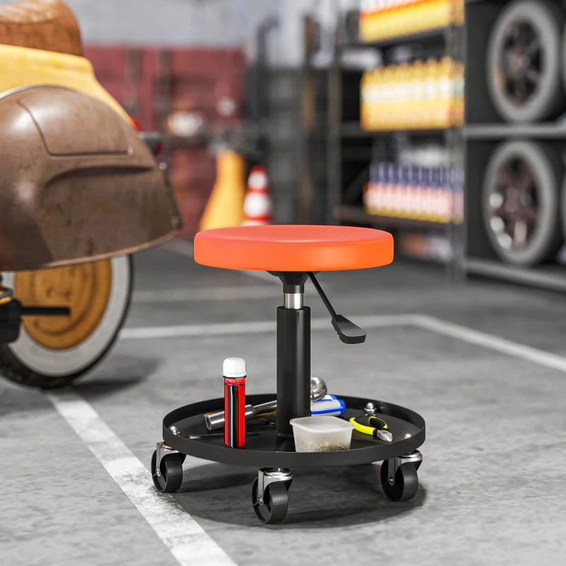 HOMCOM Tabouret d'atelier à 5 roulettes pivotantes 360°, hauteur réglable 38-50 cm, avec plateau, 38 x 38 x 38-50 cm, orange