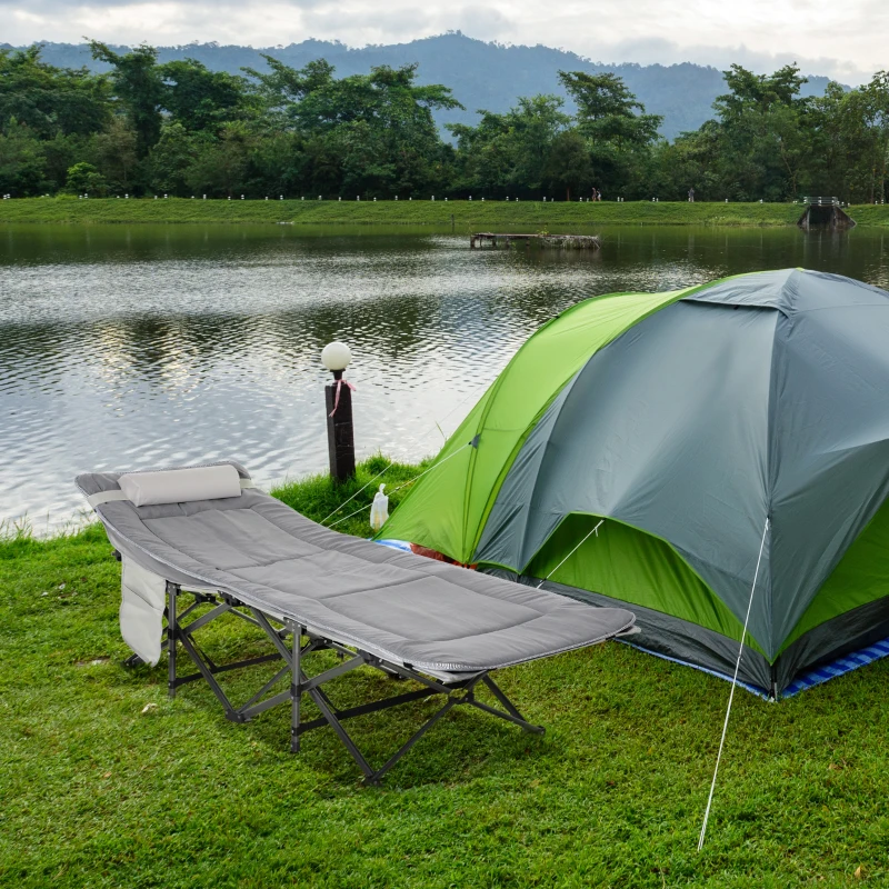 Outsunny Lit de camp pliable transat avec matelas, appui-tête, pochette latérale et sac intégré, en métal et tissu Oxford, gris