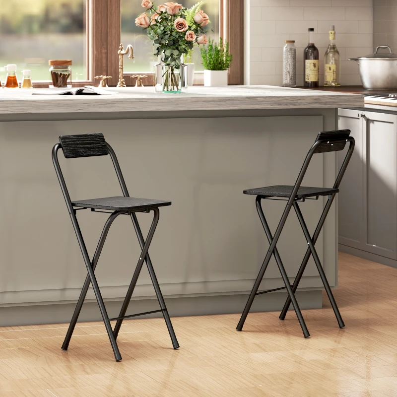HOMCOM Lot de 2 tabourets de bar pliables avec dossier et repose-pieds, cadre en acier, 87 cm de haut, noir